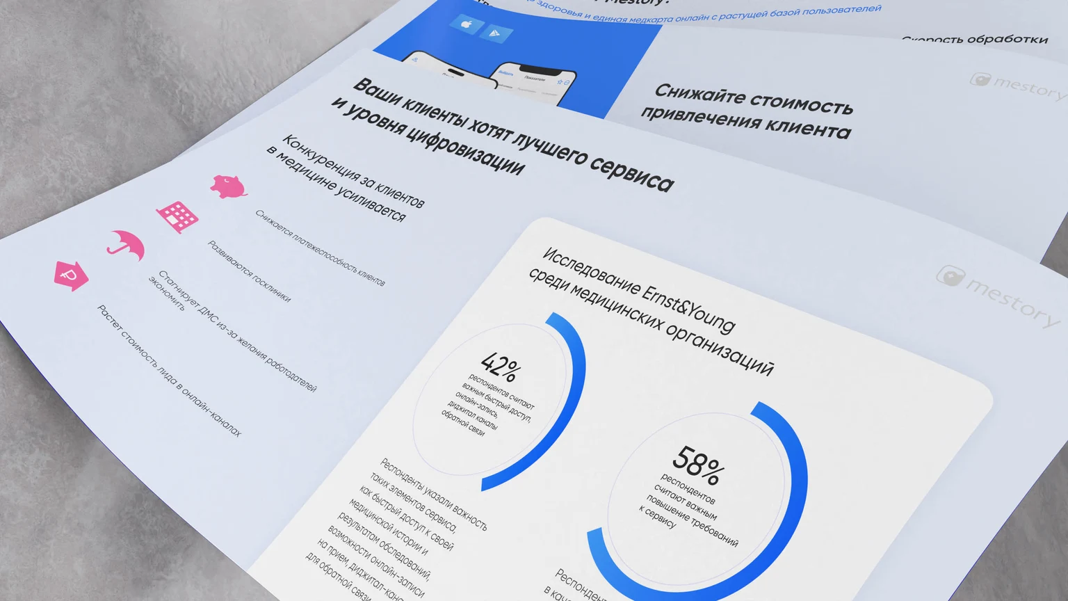Слайды Mestory с двумя кольцевыми диаграммами и схемой работы сервиса